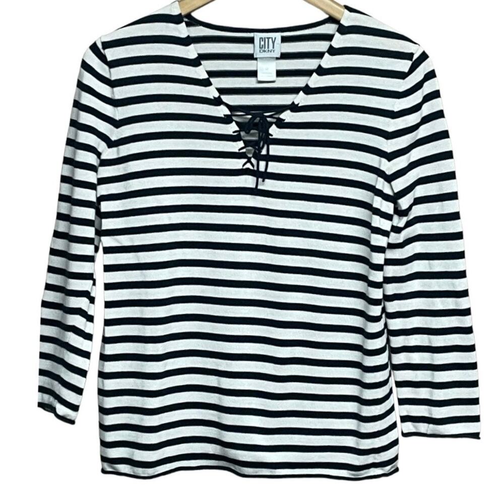 City DKNY Blue and White Stripe Lace Up Lightweight Cotton Sweater Size Medium